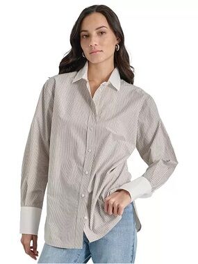 DKNY jeans Women's Cotton Contrast-Trim Button-Front Shirt size XL